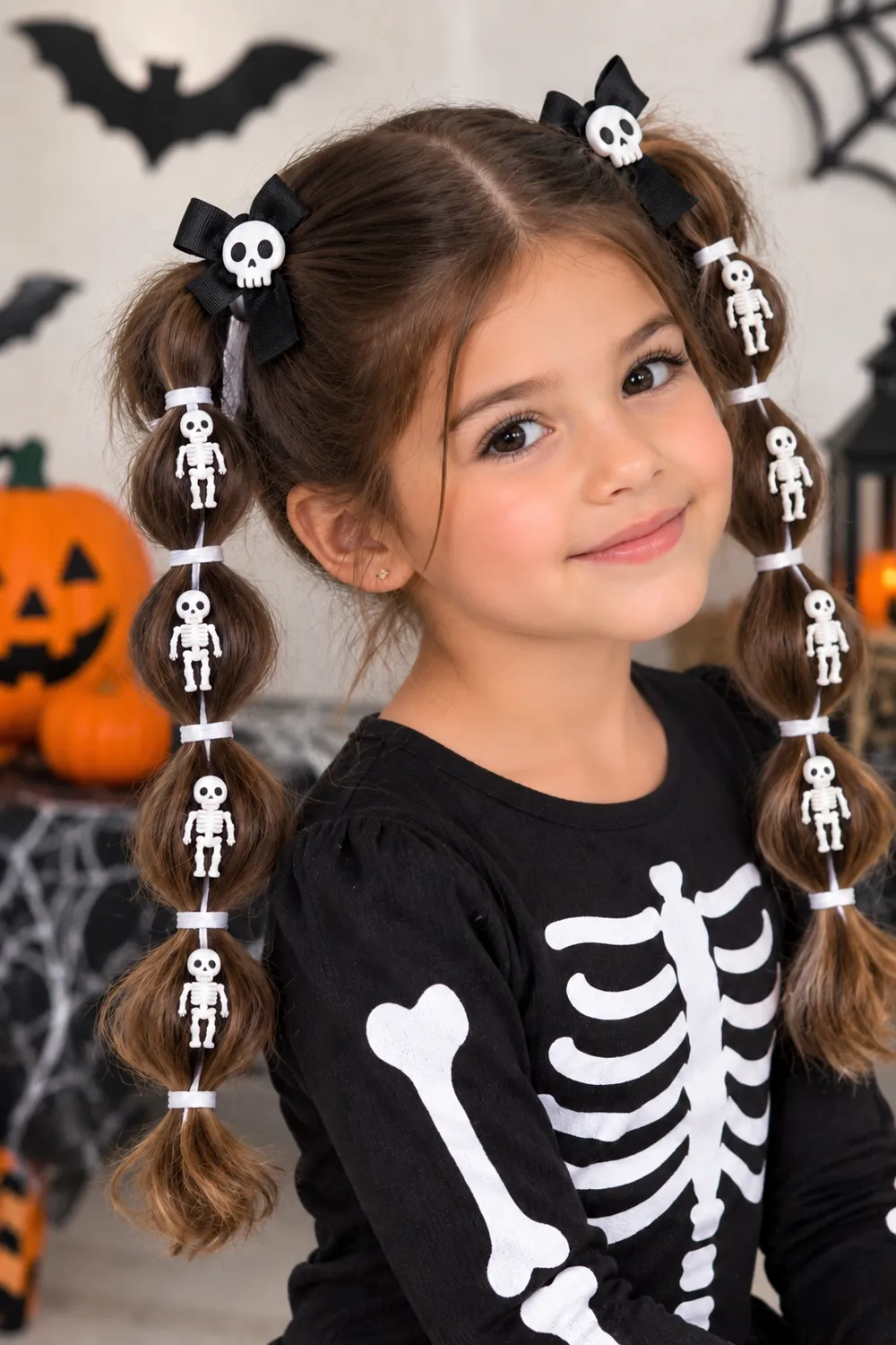 Sectioned Pigtails With Skull Bows and Skeleton Charms