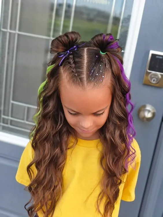 Glittery Part Twin Knots With Purple and Green Streaks