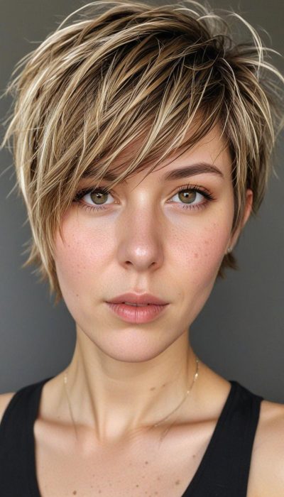 Chubby Face Low Maintenance Haircut: Tousled Pixie with Long Bangs